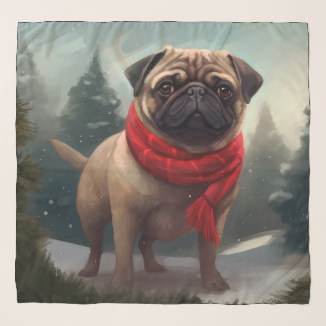 Pug Dog in Snow Christmas Scarf (Front)