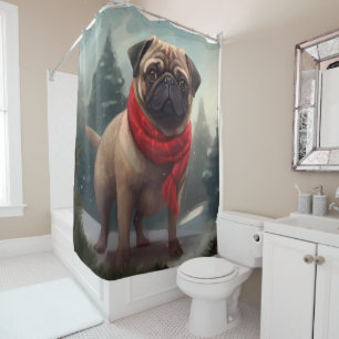 Pug Dog in Snow Christmas Shower Curtain