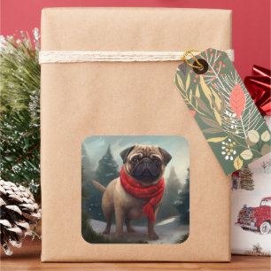 Pug Dog in Snow Christmas Square Sticker