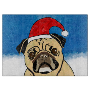 Pug Dog in Snow Christmas Watercolor Art Portrait Cutting Board