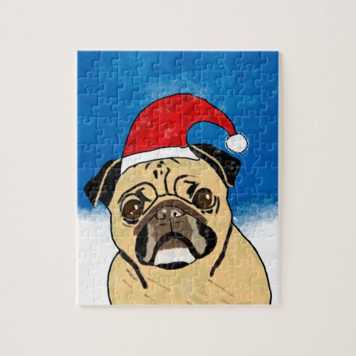 Pug Dog in Snow Christmas Watercolor Art Portrait Jigsaw Puzzle