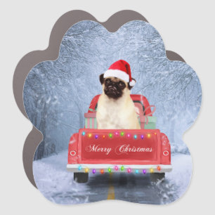Pug Dog in Snow sitting in Christmas Truck Car Magnet
