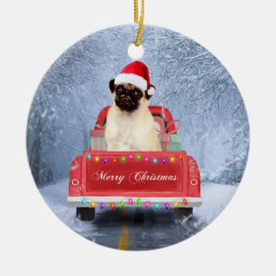 Pug Dog in Snow sitting in Christmas Truck Ceramic Ornament
