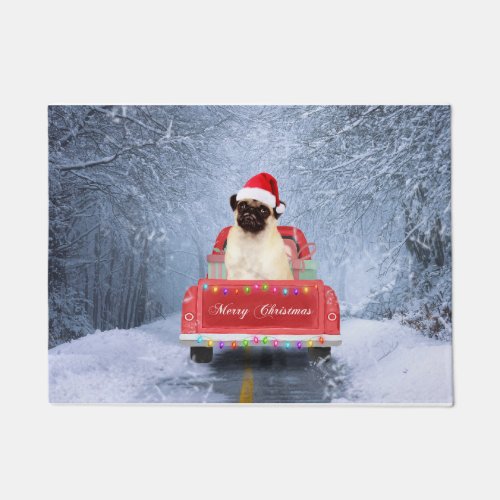 Pug Dog in Snow sitting in Christmas Truck  Doormat