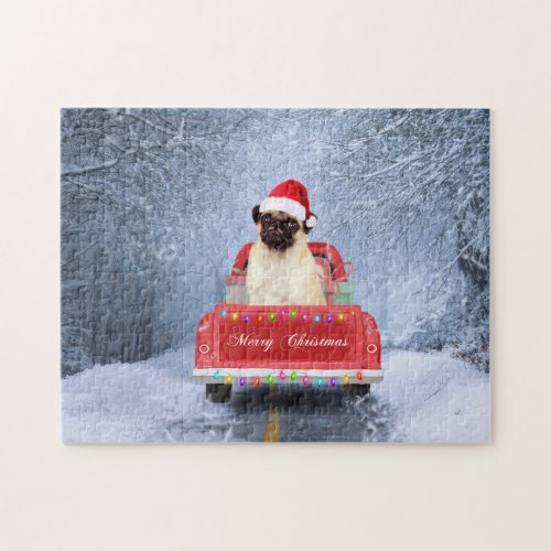 Pug Dog in Snow sitting in Christmas Truck  Jigsaw Puzzle