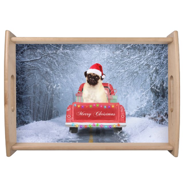 Pug Dog in Snow sitting in Christmas Truck  Serving Tray (Front)