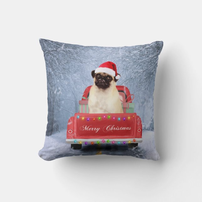 Pug Dog in Snow sitting in Christmas Truck  Throw Pillow (Front)