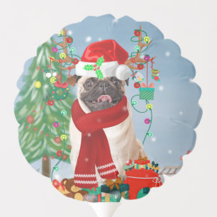 Pug Dog in Snow with Christmas Gifts Balloon