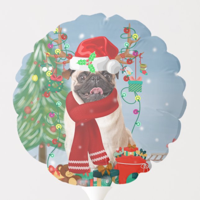 Pug Dog in Snow with Christmas Gifts   Balloon (Back)