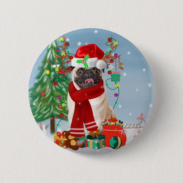 Pug Dog in Snow with Christmas Gifts   Button (Front)