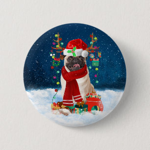 Pug Dog in Snow with Christmas Gifts Button