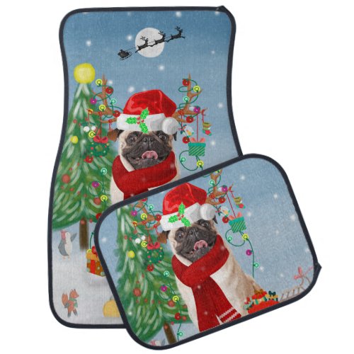Pug Dog in Snow with Christmas Gifts   Car Floor Mat