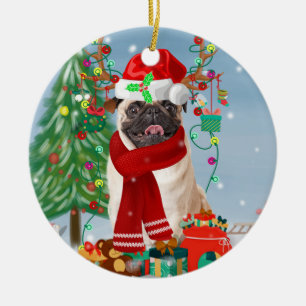 Pug Dog in Snow with Christmas Gifts Ceramic Ornament