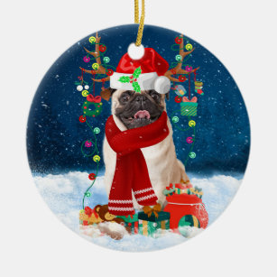 Pug Dog in Snow with Christmas Gifts  Ceramic Ornament