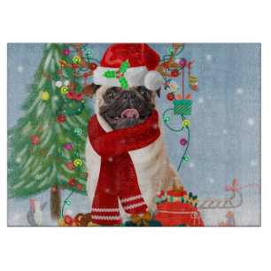 Pug Dog in Snow with Christmas Gifts Cutting Board