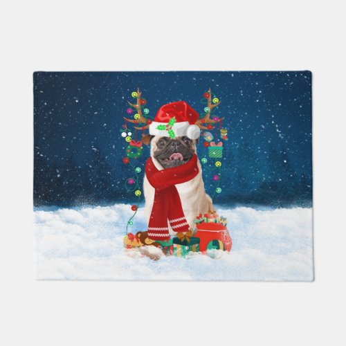 Pug Dog in Snow with Christmas Gifts  Doormat