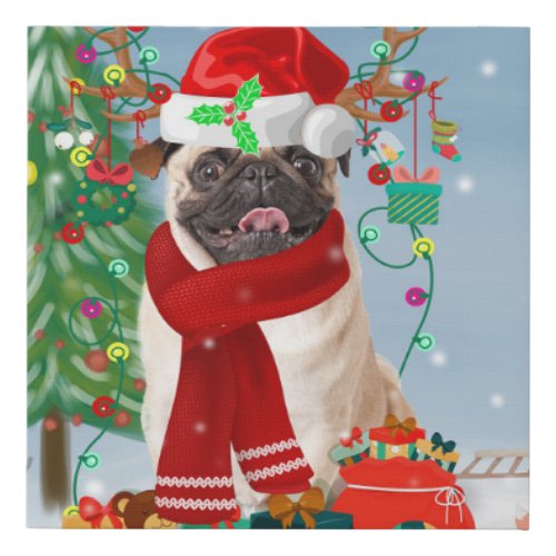 Pug Dog in Snow with Christmas Gifts   Faux Canvas Print