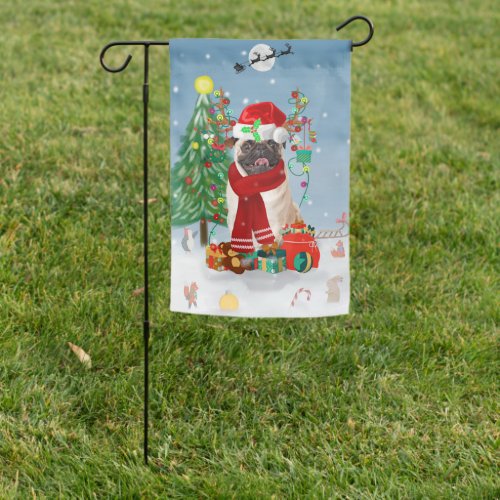 Pug Dog in Snow with Christmas Gifts   Garden Flag