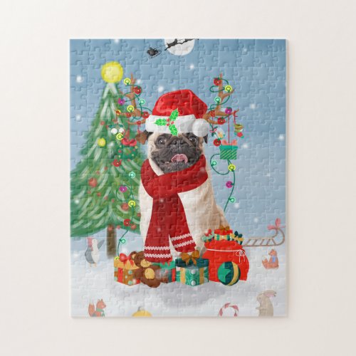 Pug Dog in Snow with Christmas Gifts   Jigsaw Puzzle