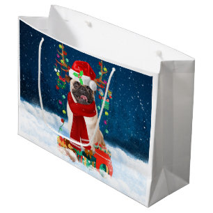 Pug Dog in Snow with Christmas Gifts Large Gift Bag