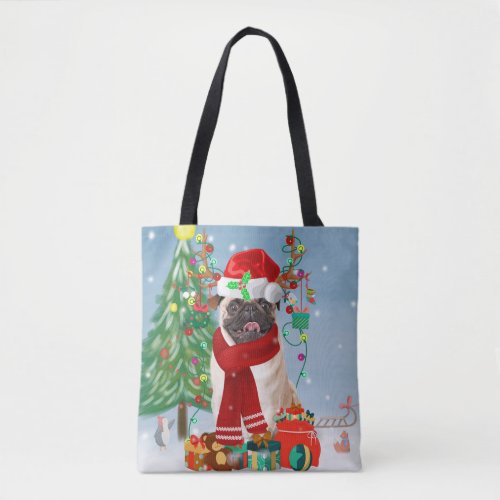 Pug Dog in Snow with Christmas Gifts  Tote Bag