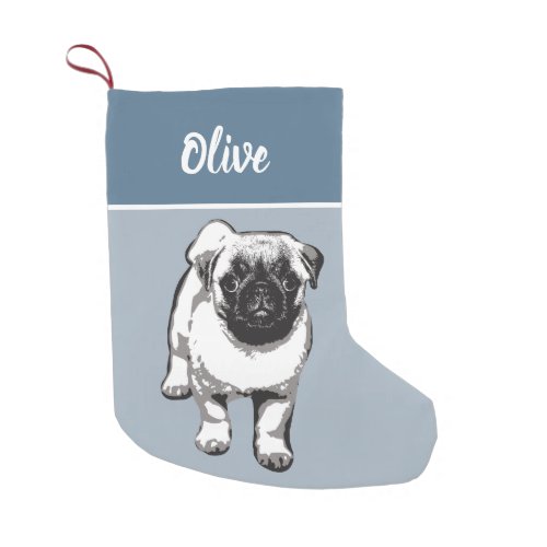 Pug Dog in Stylish Blue Personalized Small Christmas Stocking