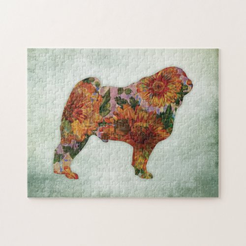 Pug Dog Jigsaw Puzzle Floral On Green