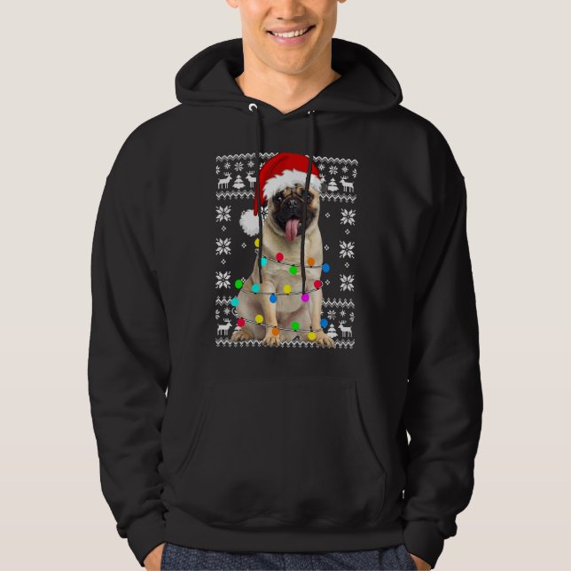 Pug Dog Lights Ugly Puppy Santa Hat Christmas Paja Hoodie (Front)