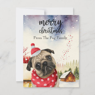 PUG Dog Merry Christmas on Red Gold marble Holiday Card