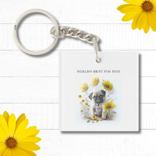 Pug Dog Mom Cute Watercolor Floral Personalized Keychain