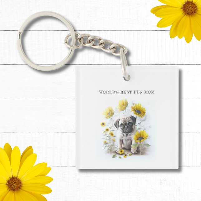 Pug Dog Mom Cute Watercolor Floral Personalized Keychain (Edit text to personalize, replace image if required)