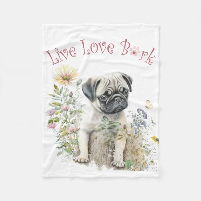 Pug Dog Mom Floral Fleece Blanket (Front)