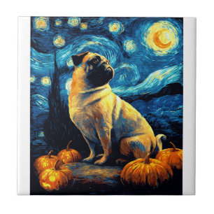 Pug dog of van gogh starry night halloween Funny J Ceramic Tile