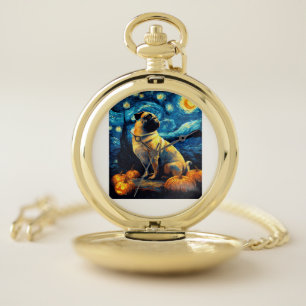Pug dog of van gogh starry night halloween Funny J Pocket Watch