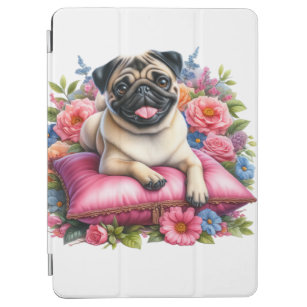 Pug Dog on a Pillow with  Flowers in Watercolor iPad Air Cover