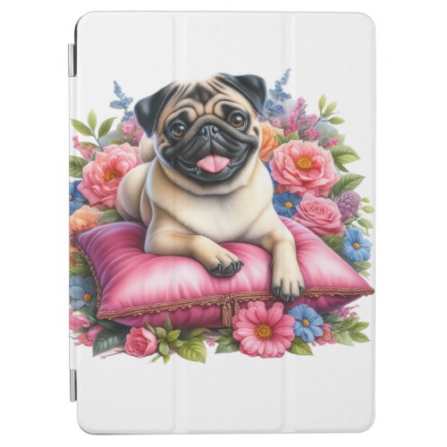 Pug Dog on a Pillow with  Flowers in Watercolor iPad Air Cover