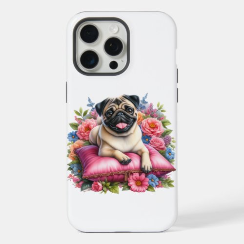 Pug Dog on a Pillow with  Flowers in Watercolor iPhone 15 Pro Max Case