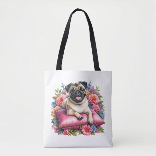 Pug Dog on a Pillow with  Flowers in Watercolor Tote Bag