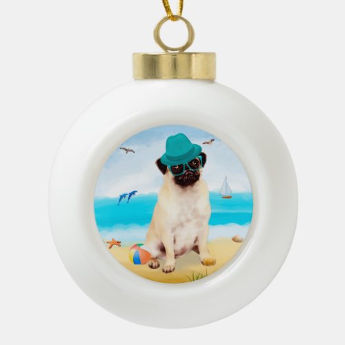 Pug Dog on Beach  Ceramic Ball Christmas Ornament