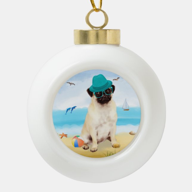 Pug Dog on Beach  Ceramic Ball Christmas Ornament (Front)