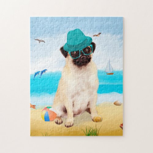 Pug Dog on Beach  Jigsaw Puzzle