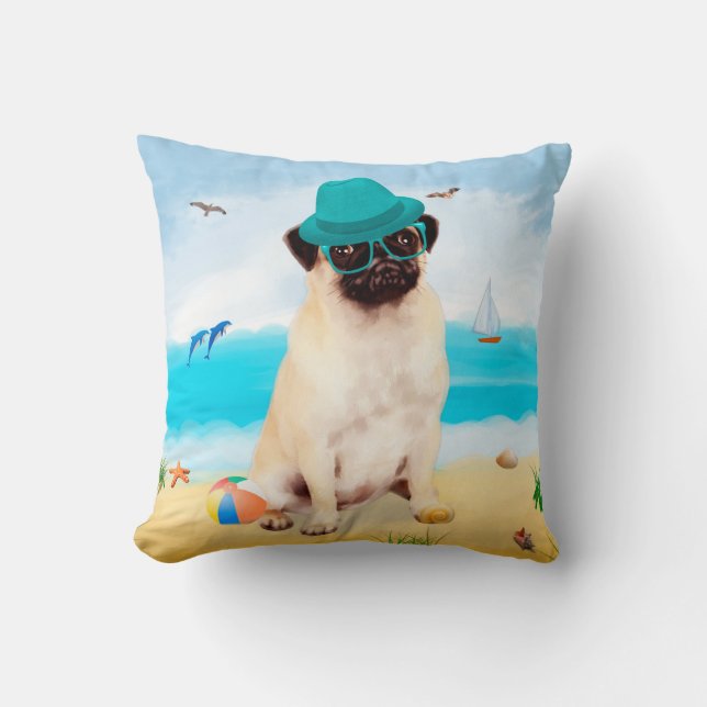 Pug Dog on Beach  Throw Pillow (Front)
