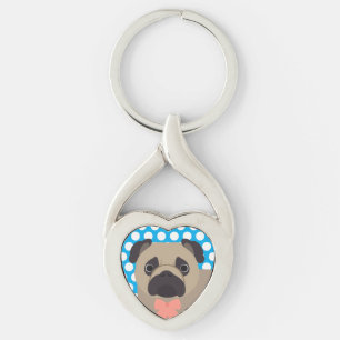 Pug Dog on Blue Dotted Key Chain