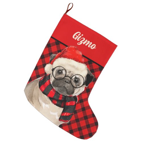 Pug Dog on Red and Black Plaid with Dogs Name Large Christmas Stocking