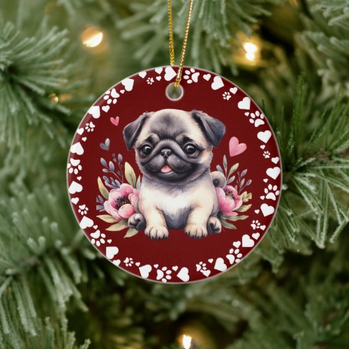 Pug Dog Paws Hearts Frame Pet Photo Dark Red Ceramic Ornament