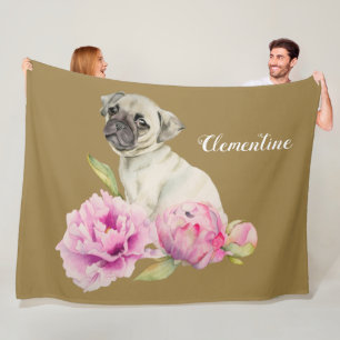 Pug Dog Peony Flower Add Your Name Fleece Blanket