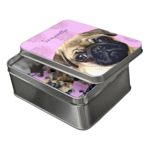 Pug dog personalized jigsaw puzzle with tin
