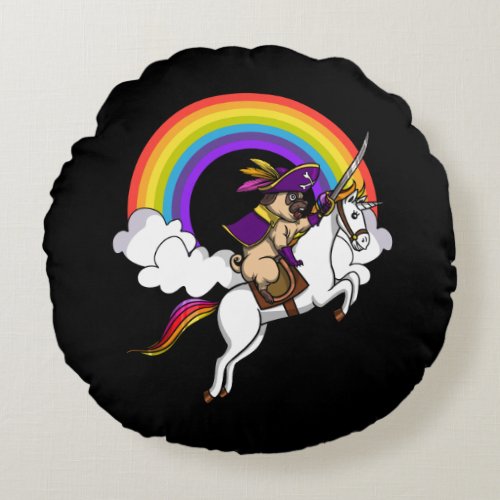 Pug Dog Pirate Riding Magical Unicorn Rainbow Round Pillow