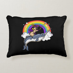Pug Dog Pirate Riding Narwhal Fish Funny Accent Pillow