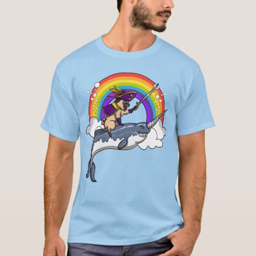 Pug Dog Pirate Riding Narwhal Fish Funny T_Shirt